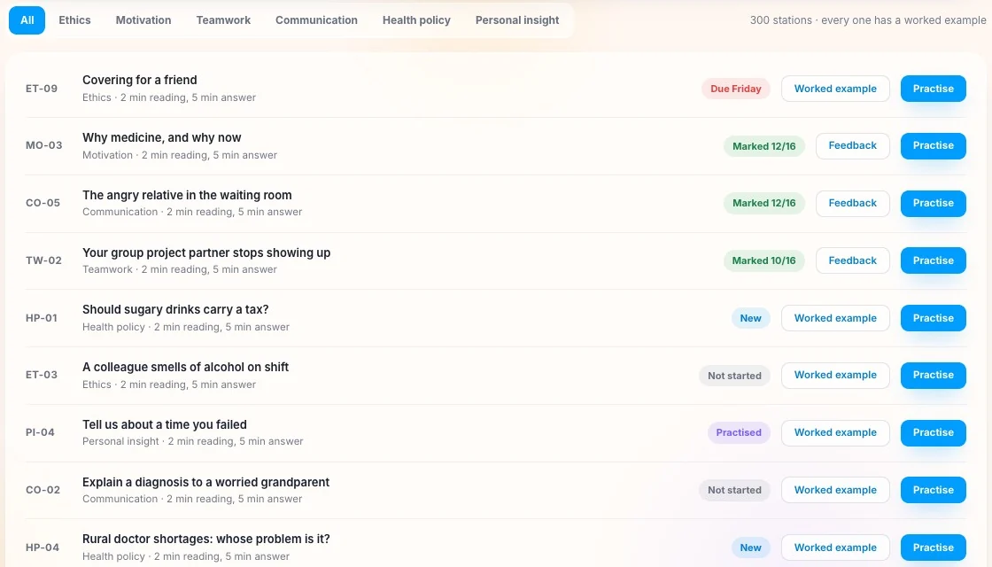 The bank of 300 practice stations in the Everest interview portal, filtered by station type